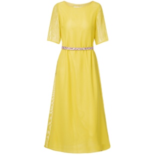 HUI卉经典醋酸网格双色可选非遗刺绣缠枝紫堇花腰封连衣裙