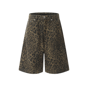 DARKAGE美式复古豹纹牛仔短裤男女夏季直筒宽松阔腿七分慵懒风