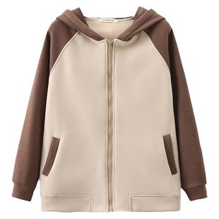 秋冬季女士新款休闲上衣胖mm连帽拼色拉链加绒加厚大码卫衣外套