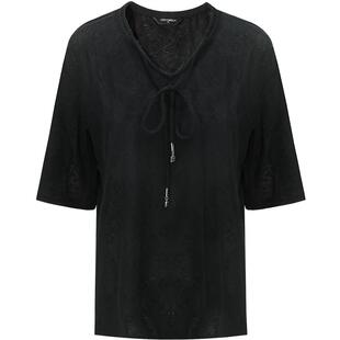 COCOBELLA镂空提花V领系带五分袖针织衫女松弛感黑色T恤TS3002