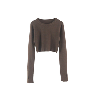 休闲辣妹风长袖圆领螺纹理针织衫女装秋季薄款修身显瘦超短款上衣