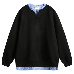 Point lamp日系复古撞色拼接假两件衬衫卫衣男女潮牌宽松休闲上衣