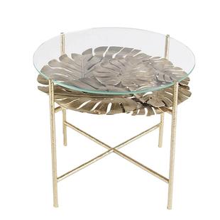 意式轻奢纯铜茶几现代客厅家用圆形黄铜钢化玻璃叶子设计师边几