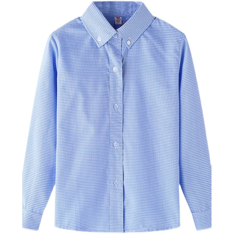 儿童男女童春秋款棉衬衫长袖千鸟格校服表演服学生装百搭礼服蓝色