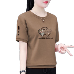 100%纯棉短袖T恤女夏季新款大码洋气妈妈装遮肉显瘦圆领印花上衣