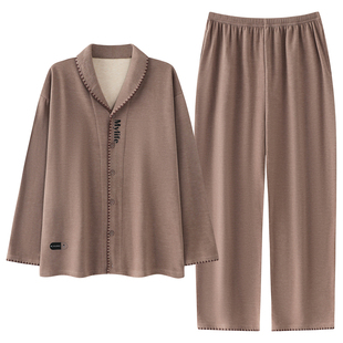 秋冬季羊毛蚕丝德绒长袖睡衣套装男春天加厚家居服保暖加绒可外穿