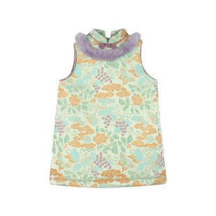 大耳象女童领圈毛绒旗袍裙冬新款宝儿中式拜年服无袖加棉连衣裙子