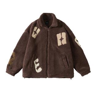 NMAX大码男装秋季潮牌大字母仿羊羔毛加厚颗粒绒立领棉服外套