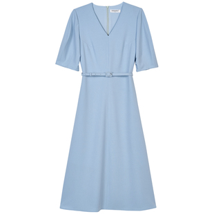 米思阳2026春季新款时尚简约休闲连衣裙V领收腰通勤裙子女士1735