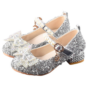 女童公主鞋2025秋季儿童高跟鞋水晶鞋小女孩舞台走秀表演出鞋真皮