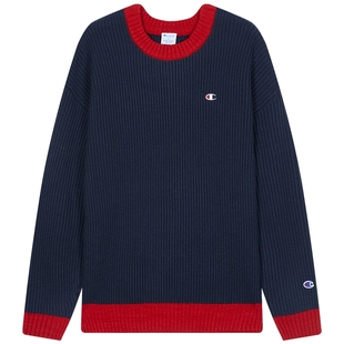 Champion冠军毛衣男2025秋季新款混色拼接圆领针织衫保暖美式风