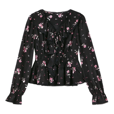 蔷薇印花秋水伊人荷叶v领雪纺衫