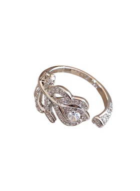 镶锆石羽毛树叶镂空开口戒指小众感指环轻奢气质时尚百搭手饰