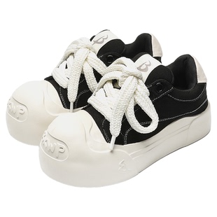 BXWP小泡芙开口笑黑色休闲百搭厚底增高低帮丑萌面包帆布鞋男女