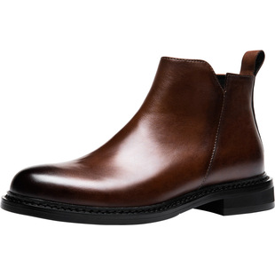 商务机车切尔西靴男英伦复古软皮靴子手工真皮厚底一脚蹬男士短靴