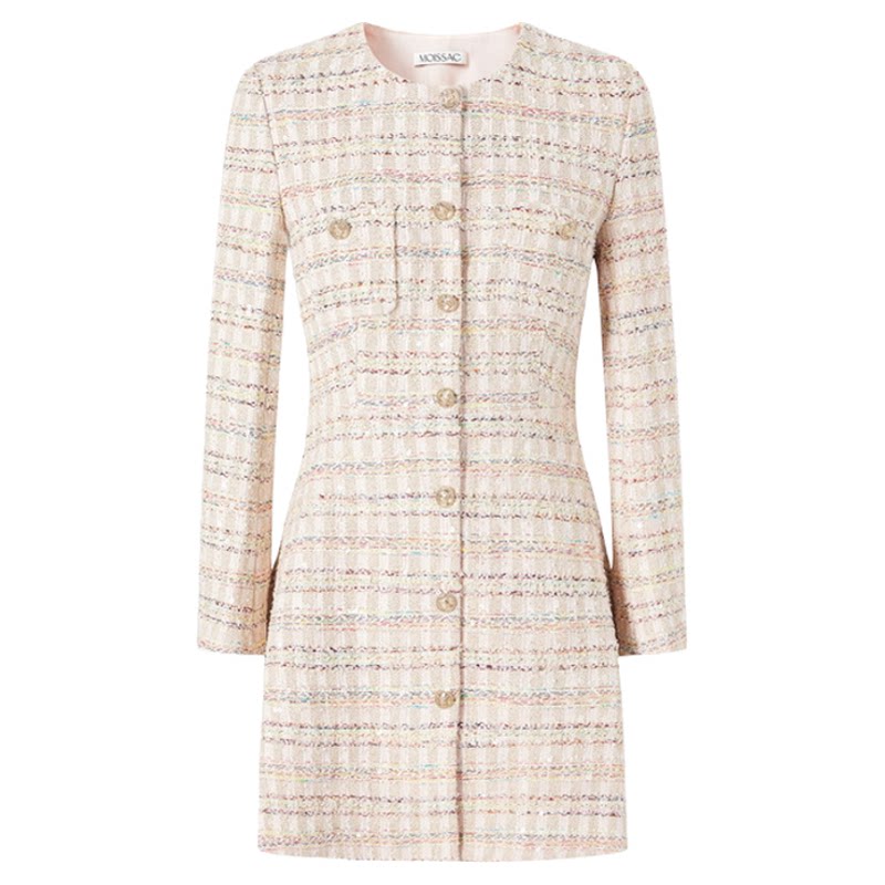 商场同款 摩萨克冬款粗花呢珠片法式长款收腰外套连衣裙女