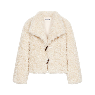 DOSORDONTS 2025秋冬新款 米白色翻领牛角扣卷毛短款环保皮草外套