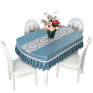 简约2025新款防水椭圆形餐桌布家用花边台布布艺几何台裙茶几套罩