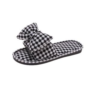 格子一字棉麻女拖鞋室内地板拖2024英格兰千鸟格孕妇坐月子棉拖鞋