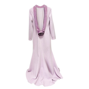 现货2026欧美明星性感露背晚礼服长裙烫钻立体花朵粉紫坠地连衣裙