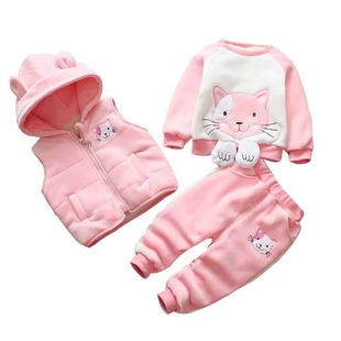女宝宝冬装套装新款女童洋气加绒衣服金丝绒加厚秋冬装卫衣三件套