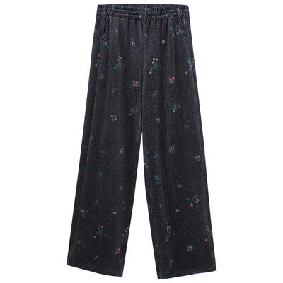 谜底灯芯绒阔腿裤女冬新款复古印花松紧腰宽松长裤234MK1541