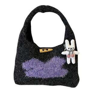 韩系包包女款毛绒手提包日常百搭通勤包针织小包上班杂物小拎包