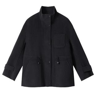 23区日系春季通勤宽松羊毛桑蚕丝混纺方领毛呢外套短大衣商场同款