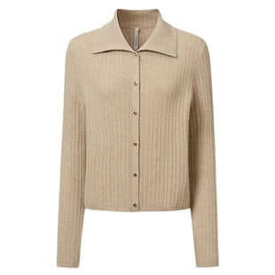 VGRASS维格娜丝春季金葱棉羊绒混纺细闪绞花精致显瘦翻领针织开衫