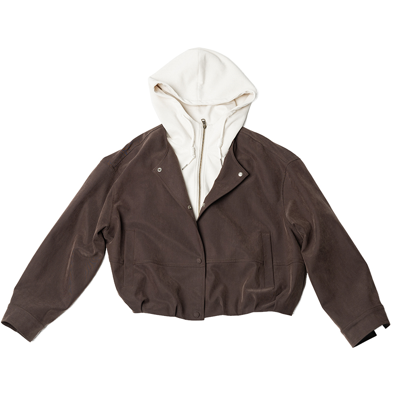 oo&vv拼接假两件连帽短外套女2025秋新修身显瘦百搭休闲保暖夹克