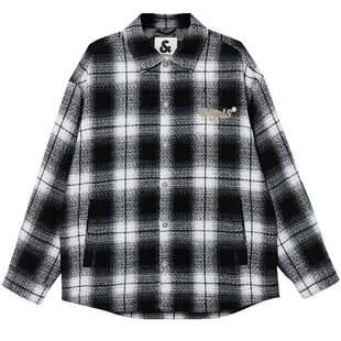 杰克琼斯毛呢外套男秋季质感羊髦夹克休闲含羊毛字母格纹上衣男装