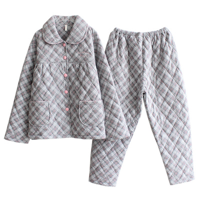 秋冬纯棉睡衣女士三层中厚加