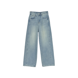 超暖！复合密密绒~阔腿牛仔裤女秋冬新款加厚浅蓝色高腰宽松长裤