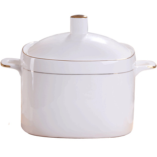 景天合金边带盖汤盆汤锅家用双耳大碗大号骨瓷汤碗宫廷煲陶瓷品锅