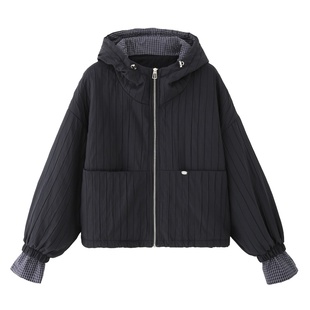 艾格复古连帽压格短外套女2025年秋装新款欧货女装时尚夹克上衣潮