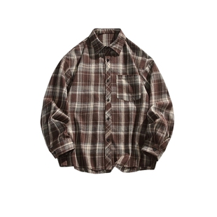 悟空有货潮牌复古美式格纹长袖衬衫男女春秋街头宽松情侣休闲衬衣