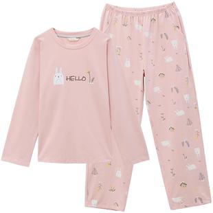 康妮雅春秋纯棉睡衣女长袖圆领家居服休闲长袖可外穿宽松兔子图案