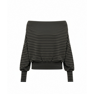 一字肩军绿长袖蝙蝠袖条纹针织衫