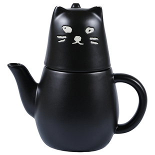 日本SUNART创意卡通黑猫咪富士山法老陶瓷茶壶茶杯一壶一杯套装