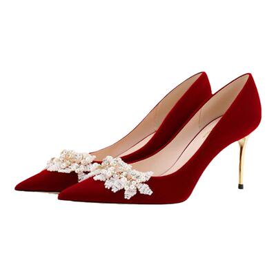 空气棉丝绒婚鞋女法式秀禾订婚鞋