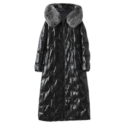 真皮羽绒服长款黑色气质狐狸毛领