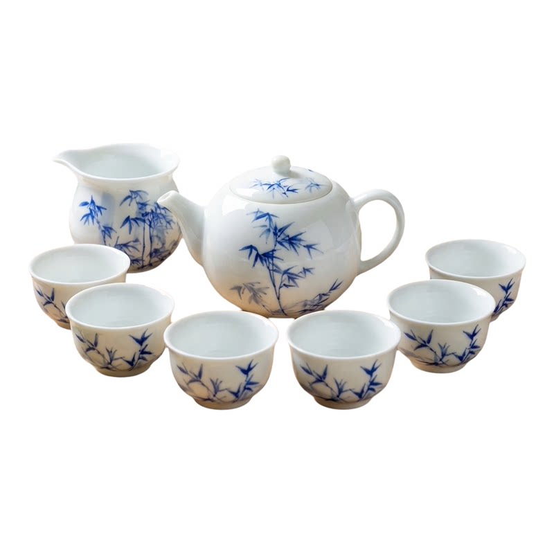 景德镇手绘青花竹纹高白瓷茶具