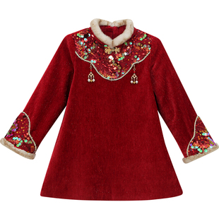 女童旗袍裙冬季2025新款洋气儿童中国风唐装拜年服女孩加绒连衣裙