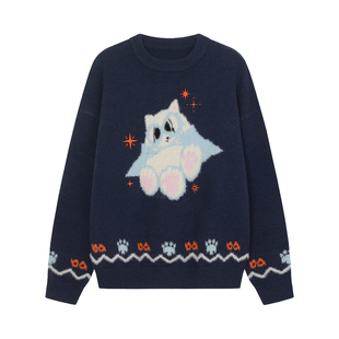 BIPOLARxMAOZY 三脚猫提花套头毛衣秋冬休闲宽松圆领针织上衣新款