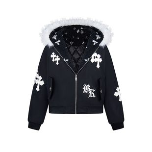 DARKAGE原创美式复古十字架印花毛领连帽棉服秋冬款宽松加厚外套