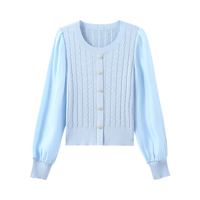 针梭拼接马卡龙色圆领针织开衫