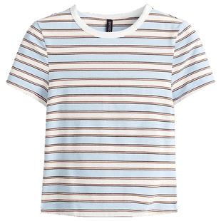 HM女装T恤春季深红色棉质圆领短袖修身短上衣1296040