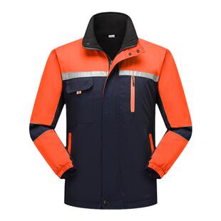 冬季工作服男棉服加绒加厚夹克摇拉绒劳保棉服反光条中长款棉大衣