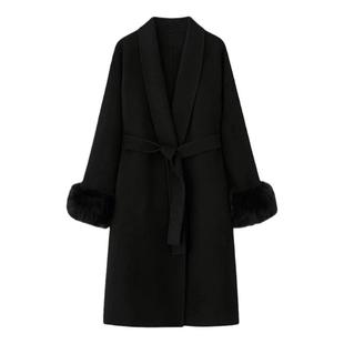 黑色双面羊绒大衣女2025秋冬新款高级感狐狸毛宽松气质羊毛呢外套