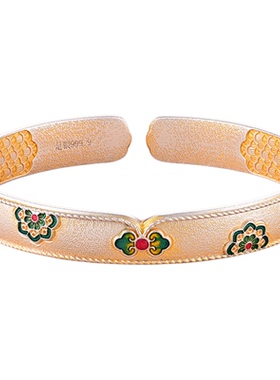 银千造 宝相花 描金珐琅彩足银999银手镯新款国风开口实心银手环